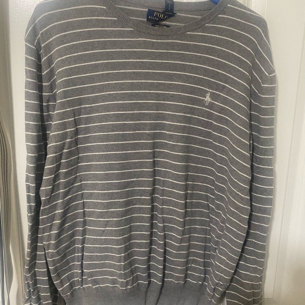 Polo by Ralph Lauren Men's Gray and White Striped Crewneck Sweater